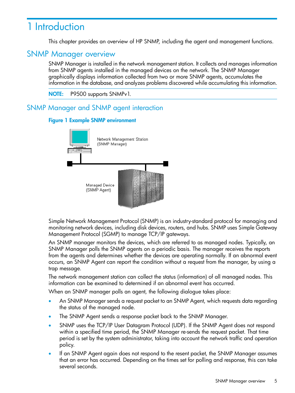 1 introduction, Snmp manager overview, Snmp manager and snmp agent interaction | HP XP RAID Manager Software User Manual | Page 5 / 37