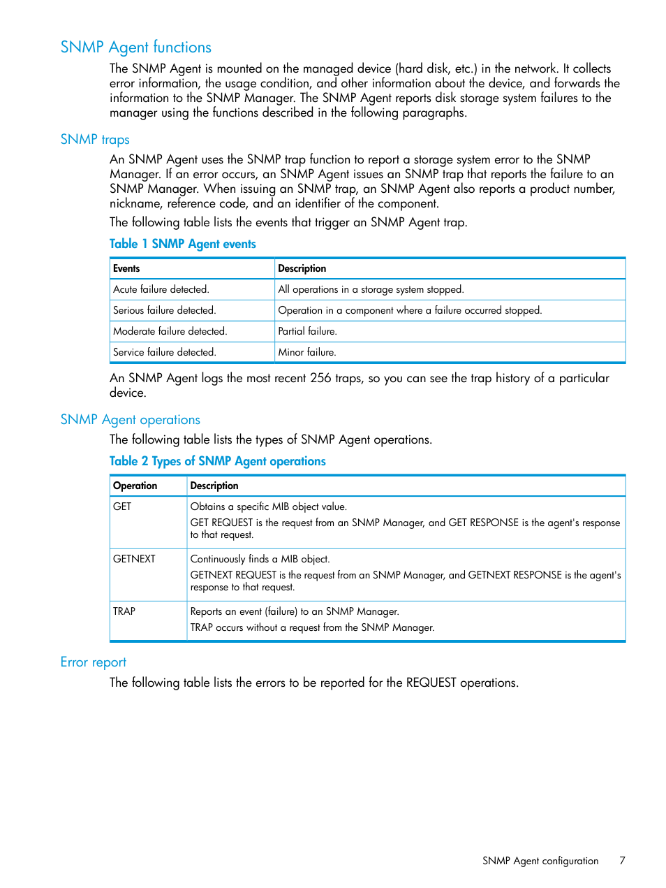 Snmp agent functions, Snmp traps, Snmp agent operations | Error report, Snmp traps snmp agent operations error report | HP XP RAID Manager Software User Manual | Page 7 / 37