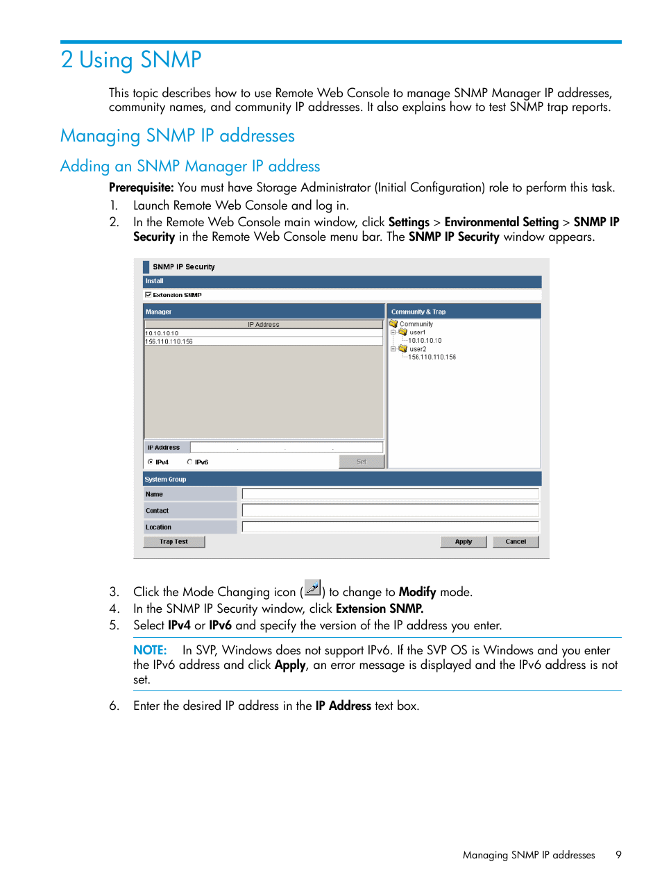 2 using snmp, Managing snmp ip addresses, Adding an snmp manager ip address | HP XP RAID Manager Software User Manual | Page 9 / 37