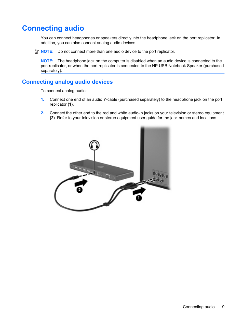 Connecting audio, Connecting analog audio devices | HP USB Media Port Replicator User Manual | Page 13 / 19