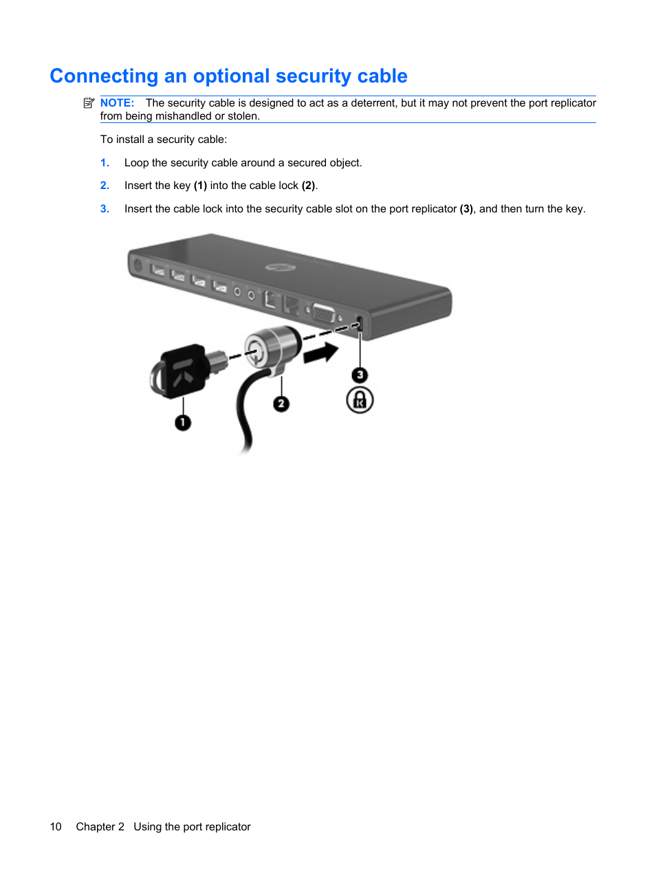 Connecting an optional security cable | HP USB Media Port Replicator User Manual | Page 14 / 19