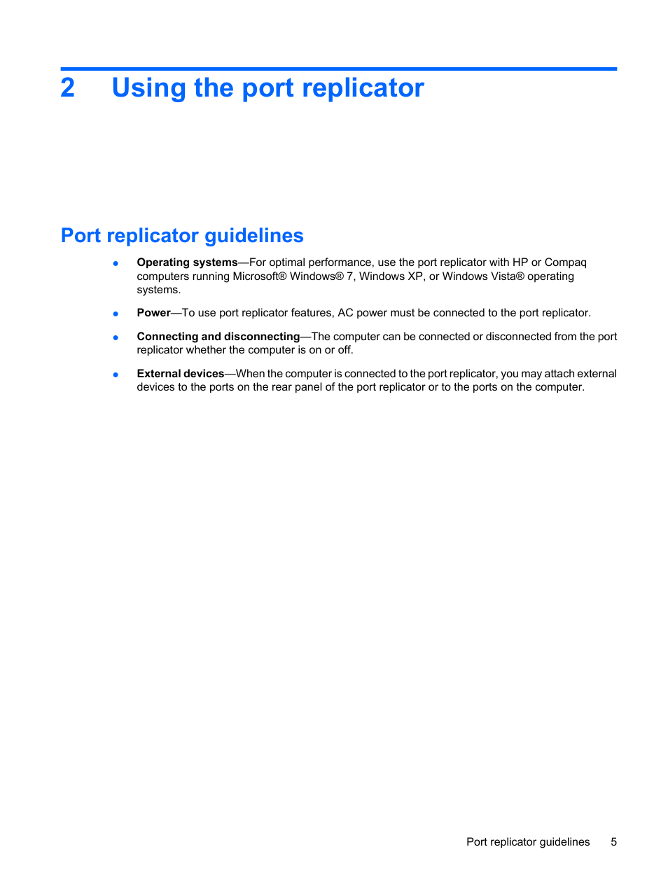 Using the port replicator, Port replicator guidelines, 2 using the port replicator | 2using the port replicator | HP USB Media Port Replicator User Manual | Page 9 / 19