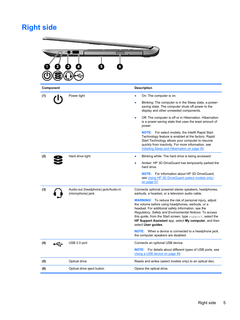 Right side, Right side 5 | HP Pavilion 15-n030us Notebook PC User Manual | Page 15 / 91