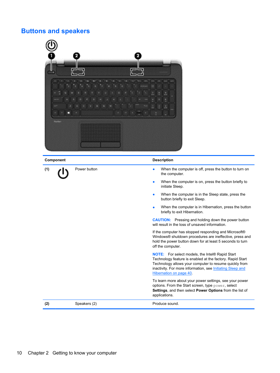 Buttons and speakers | HP Pavilion 15-n030us Notebook PC User Manual | Page 20 / 91