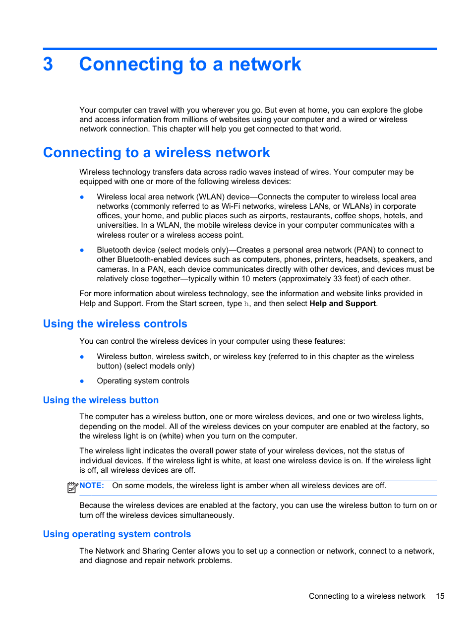 Connecting to a network, Connecting to a wireless network, Using the wireless controls | Using the wireless button, Using operating system controls, 3 connecting to a network, Connecting, 3connecting to a network | HP Pavilion 15-n030us Notebook PC User Manual | Page 25 / 91