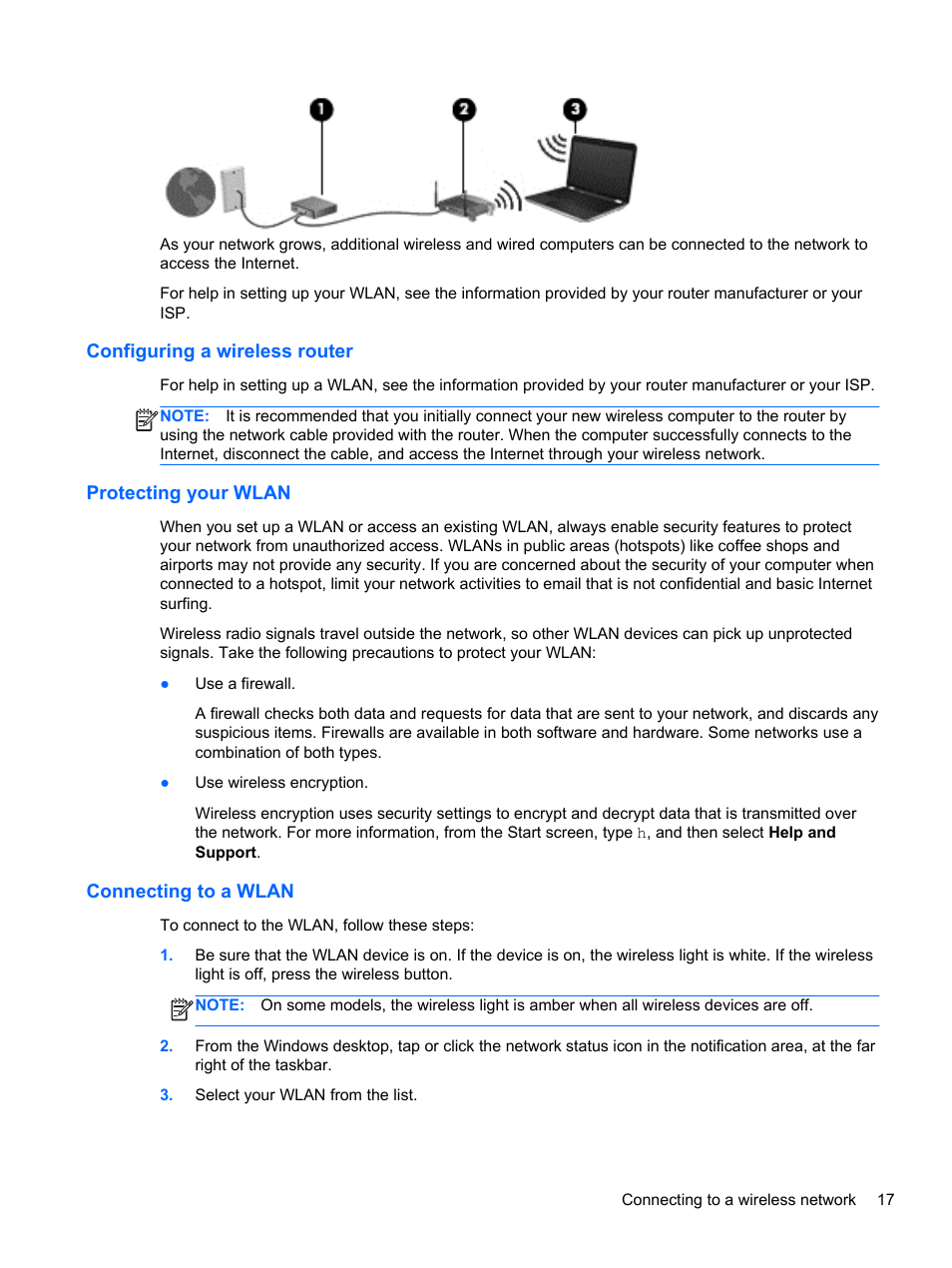 Configuring a wireless router, Protecting your wlan, Connecting to a wlan | HP Pavilion 15-n030us Notebook PC User Manual | Page 27 / 91