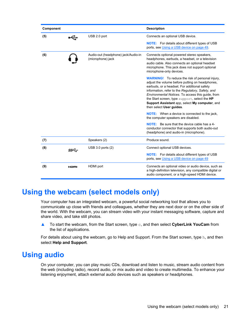 Using the webcam (select models only), Using audio, Using the webcam (select models only) using audio | HP Pavilion 15-n030us Notebook PC User Manual | Page 31 / 91