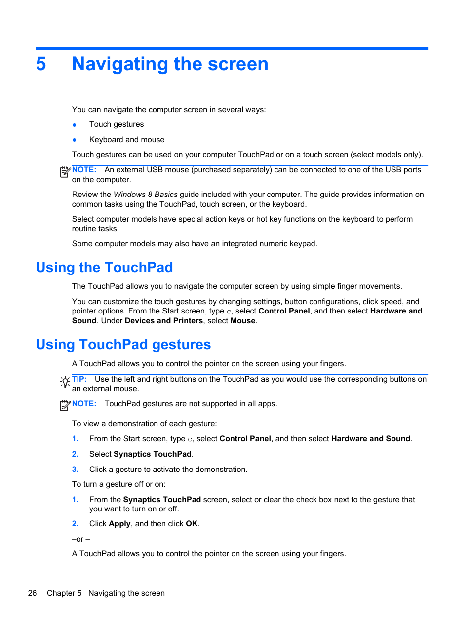 Navigating the screen, Using the touchpad, Using touchpad gestures | 5 navigating the screen, Using the touchpad using touchpad gestures, Text. see, 5navigating the screen | HP Pavilion 15-n030us Notebook PC User Manual | Page 36 / 91