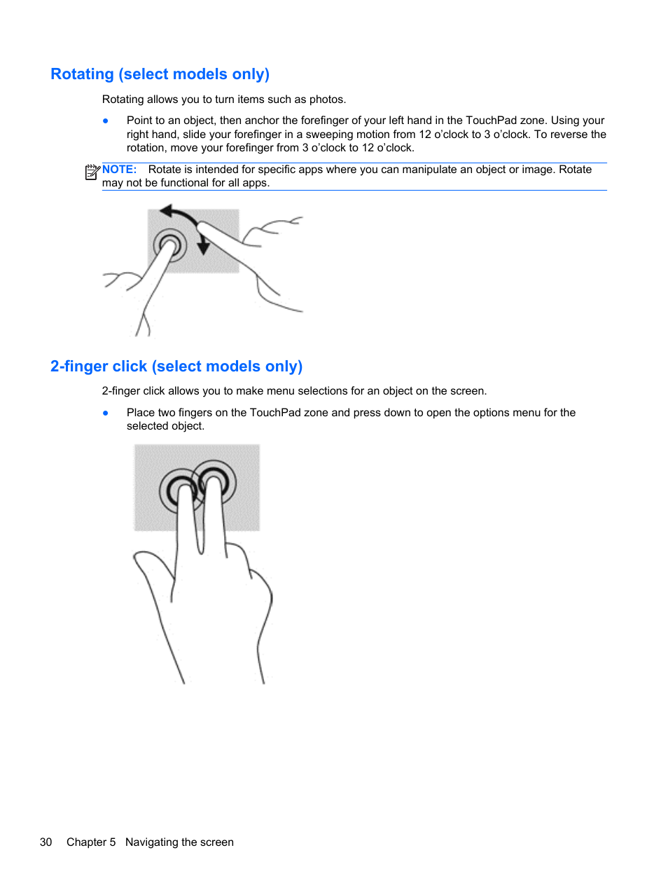 Rotating (select models only), Finger click (select models only) | HP Pavilion 15-n030us Notebook PC User Manual | Page 40 / 91
