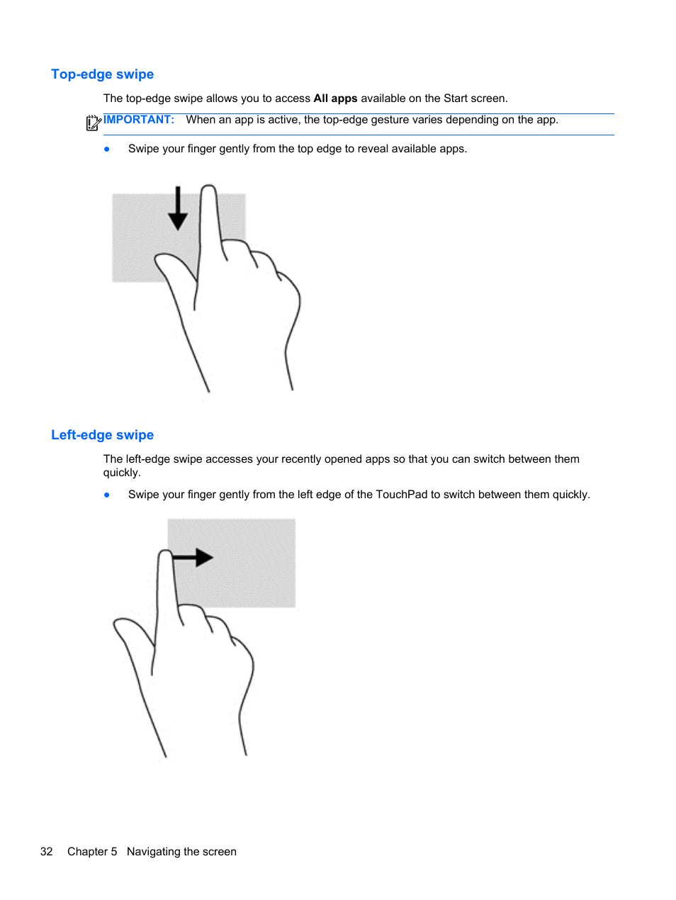Top-edge swipe, Left-edge swipe, Top-edge swipe left-edge swipe | HP Pavilion 15-n030us Notebook PC User Manual | Page 42 / 91
