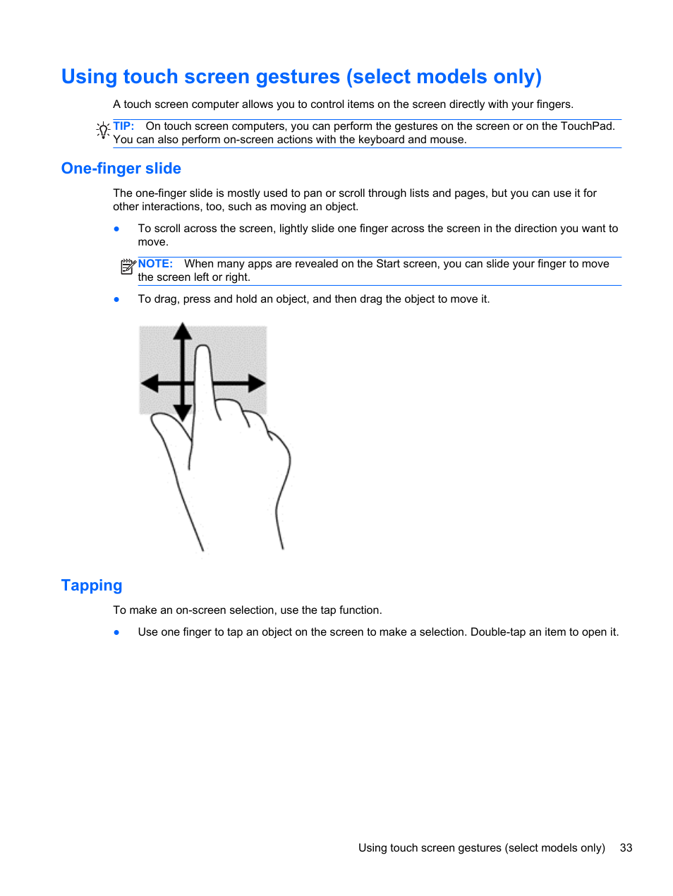 Using touch screen gestures (select models only), One-finger slide, Tapping | One-finger slide tapping | HP Pavilion 15-n030us Notebook PC User Manual | Page 43 / 91