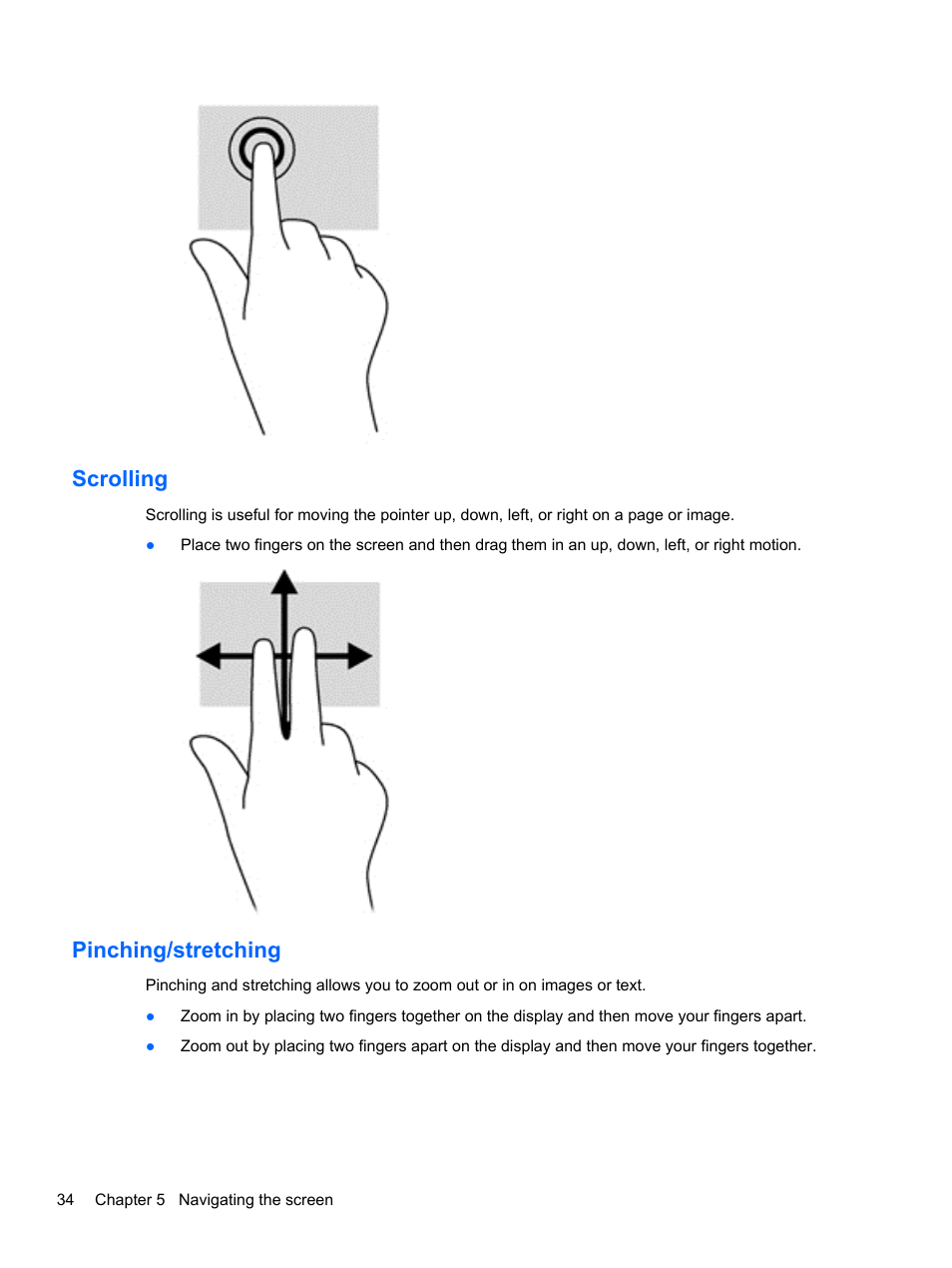 Scrolling, Pinching/stretching, Scrolling pinching/stretching | HP Pavilion 15-n030us Notebook PC User Manual | Page 44 / 91