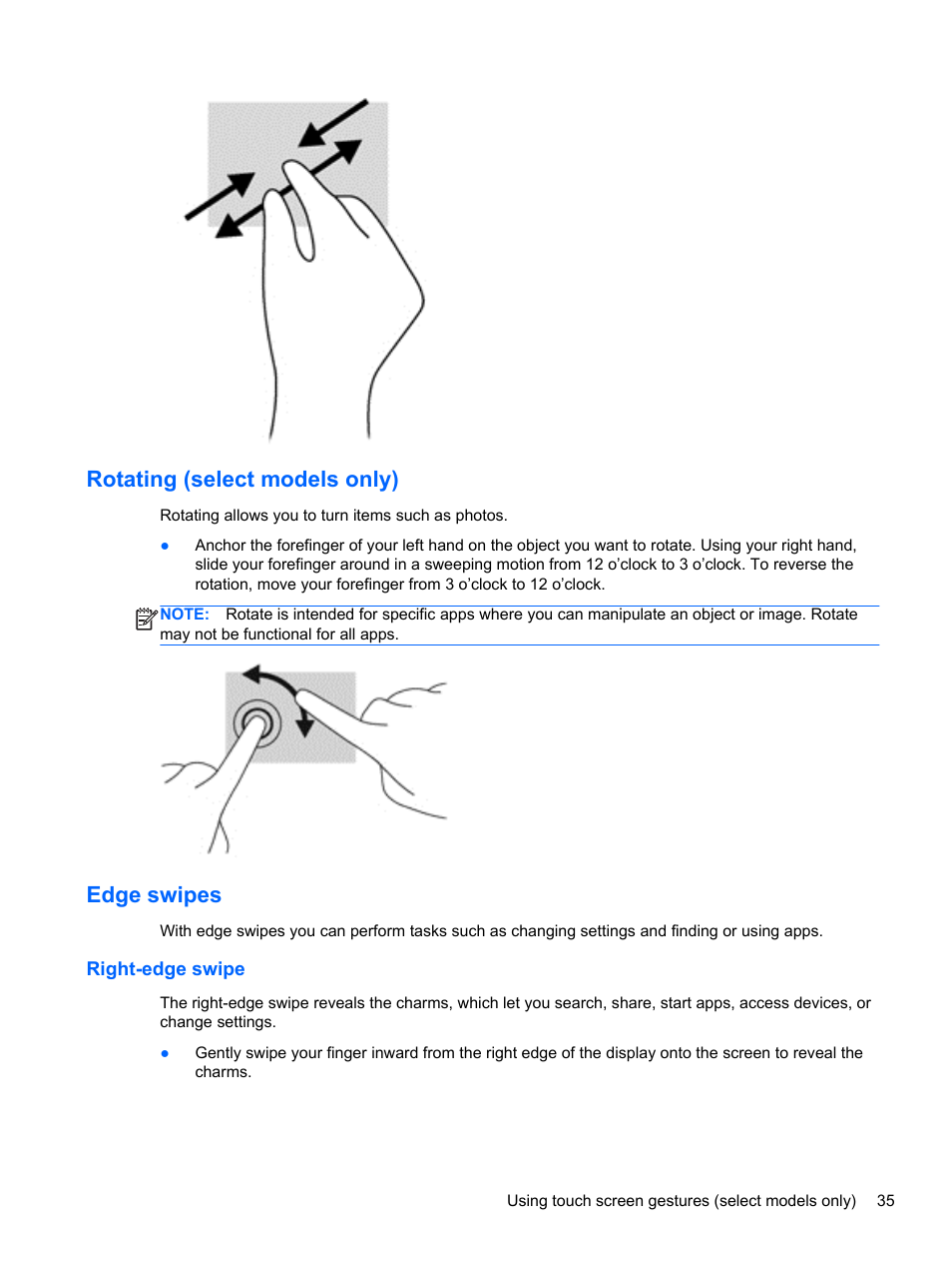 Rotating (select models only), Edge swipes, Right-edge swipe | Rotating (select models only) edge swipes | HP Pavilion 15-n030us Notebook PC User Manual | Page 45 / 91
