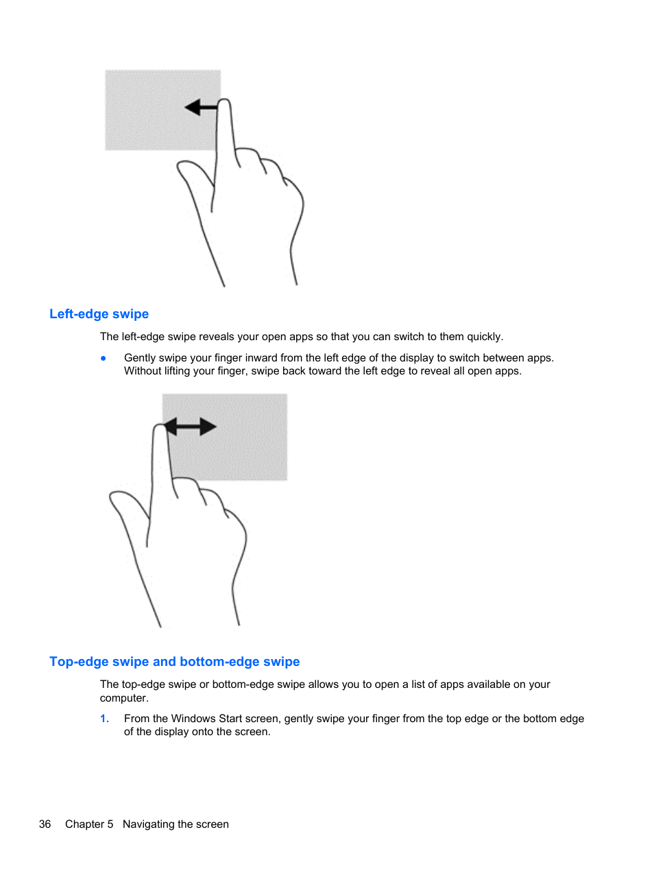 Left-edge swipe, Top-edge swipe and bottom-edge swipe | HP Pavilion 15-n030us Notebook PC User Manual | Page 46 / 91