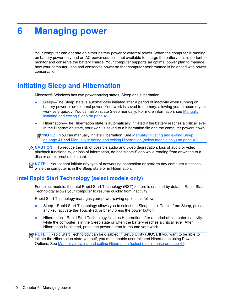 Managing power, Initiating sleep and hibernation, Intel rapid start technology (select models only) | 6 managing power, 6managing power | HP Pavilion 15-n030us Notebook PC User Manual | Page 50 / 91