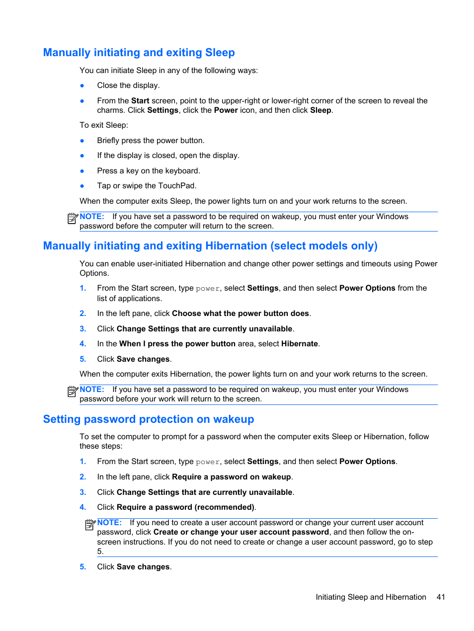 Manually initiating and exiting sleep, Setting password protection on wakeup, Manually | HP Pavilion 15-n030us Notebook PC User Manual | Page 51 / 91