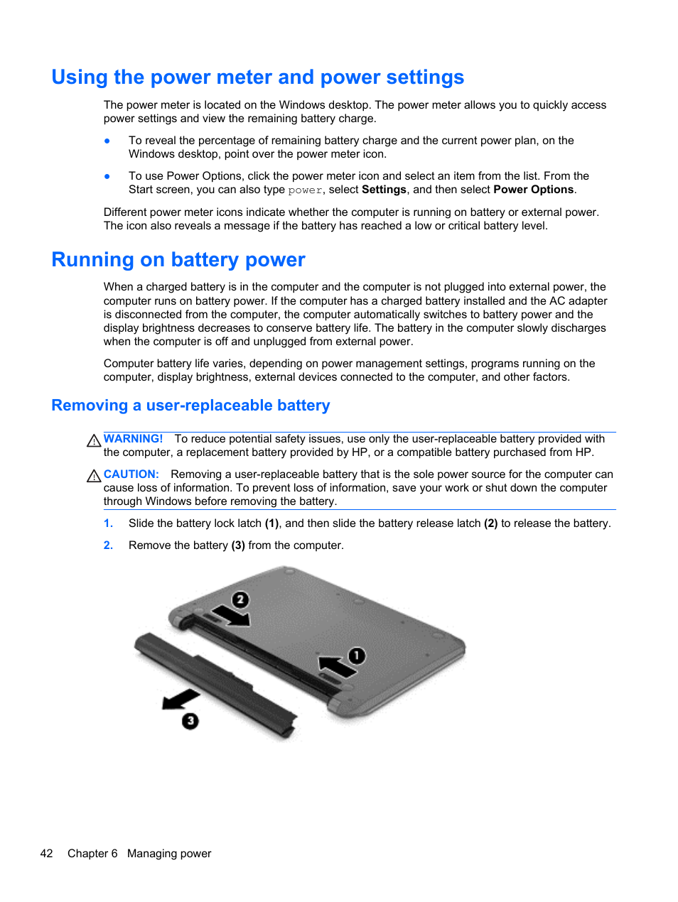 Using the power meter and power settings, Running on battery power, Removing a user-replaceable battery | HP Pavilion 15-n030us Notebook PC User Manual | Page 52 / 91