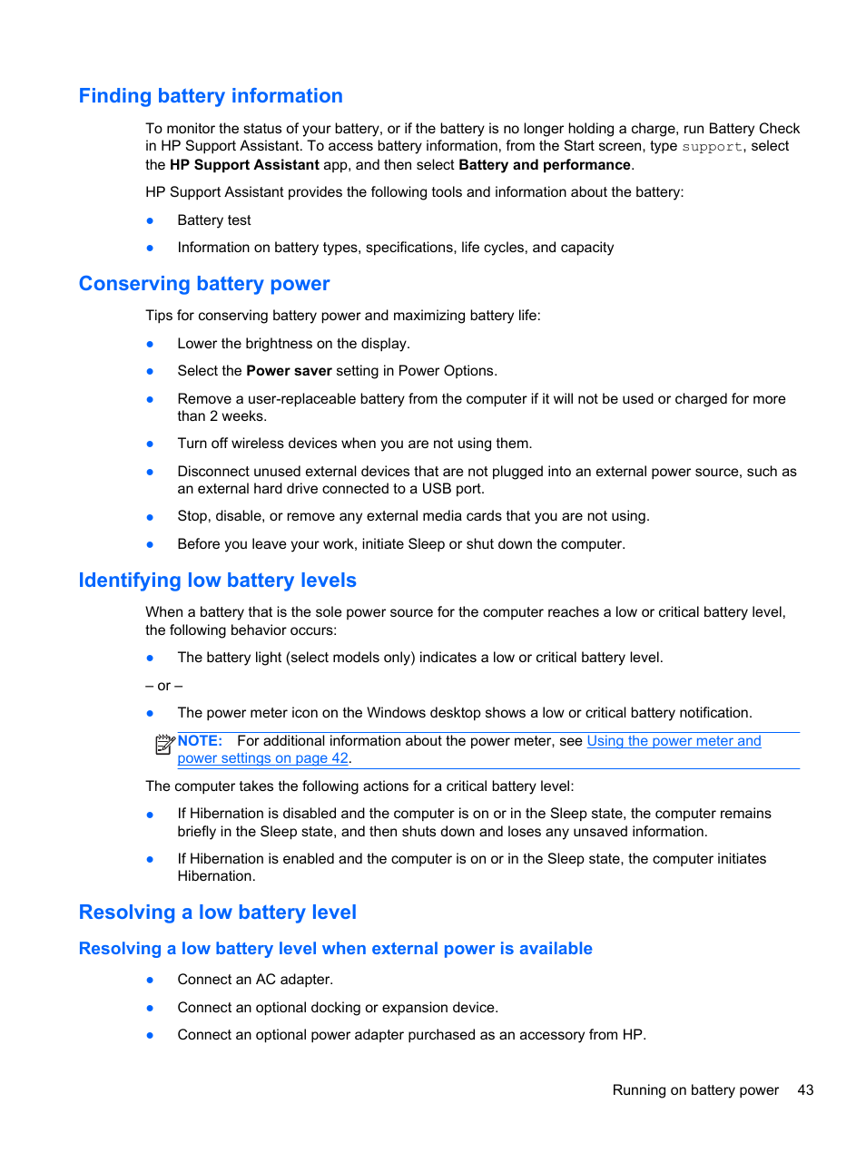 Finding battery information, Conserving battery power, Identifying low battery levels | Resolving a low battery level | HP Pavilion 15-n030us Notebook PC User Manual | Page 53 / 91