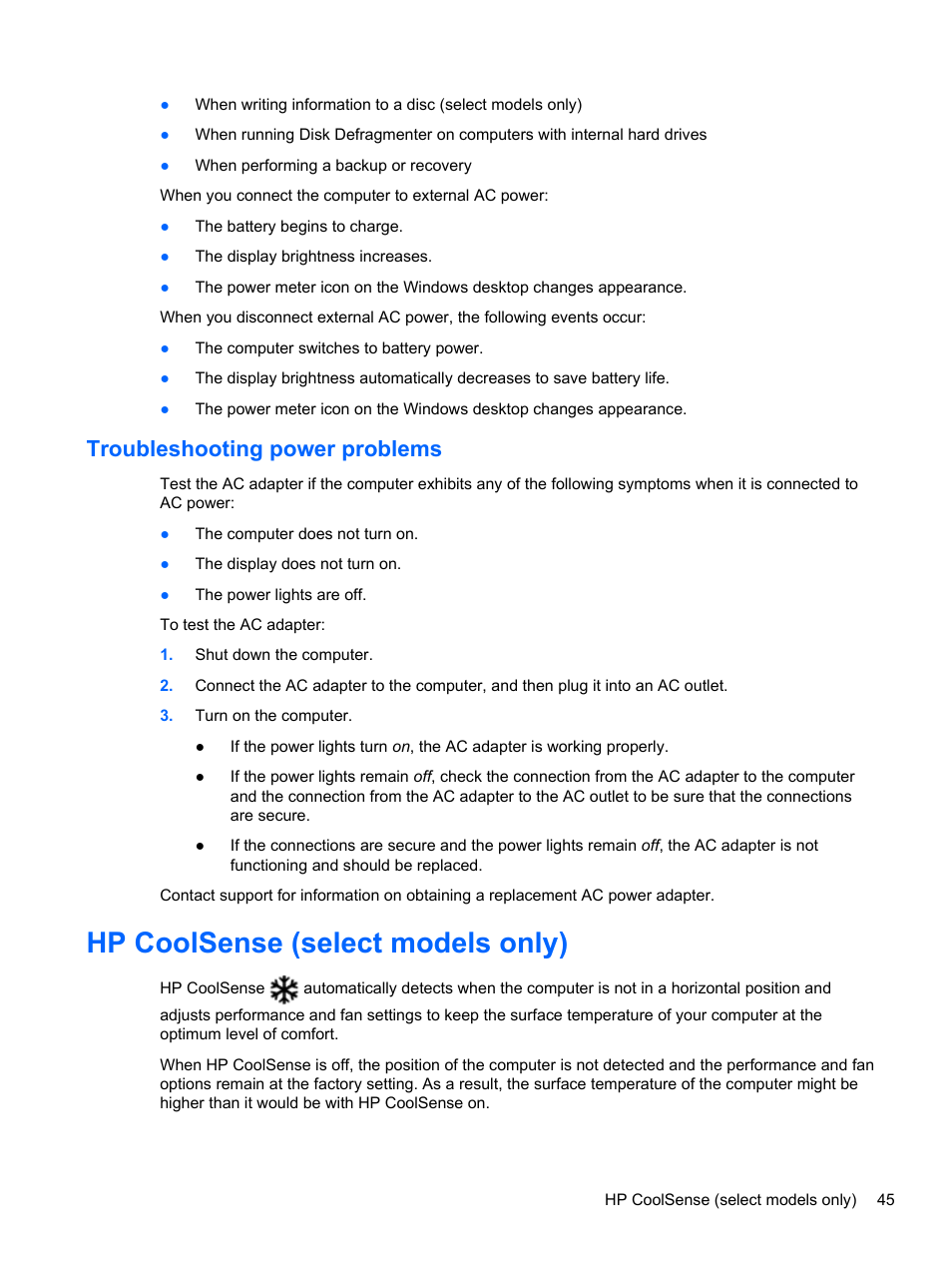 Troubleshooting power problems, Hp coolsense (select models only) | HP Pavilion 15-n030us Notebook PC User Manual | Page 55 / 91