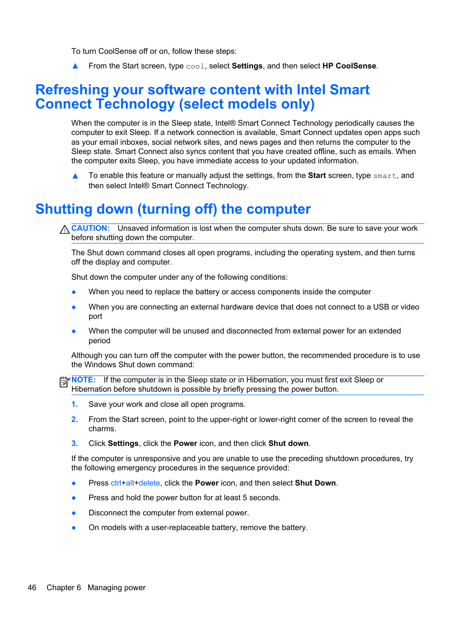 Shutting down (turning off) the computer | HP Pavilion 15-n030us Notebook PC User Manual | Page 56 / 91