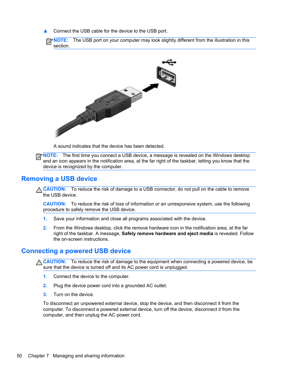 Removing a usb device, Connecting a powered usb device | HP Pavilion 15-n030us Notebook PC User Manual | Page 60 / 91