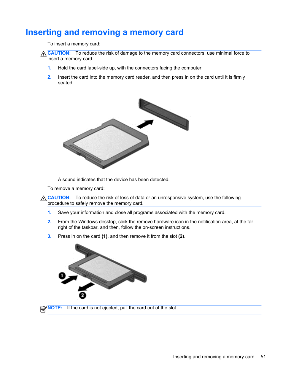 Inserting and removing a memory card | HP Pavilion 15-n030us Notebook PC User Manual | Page 61 / 91