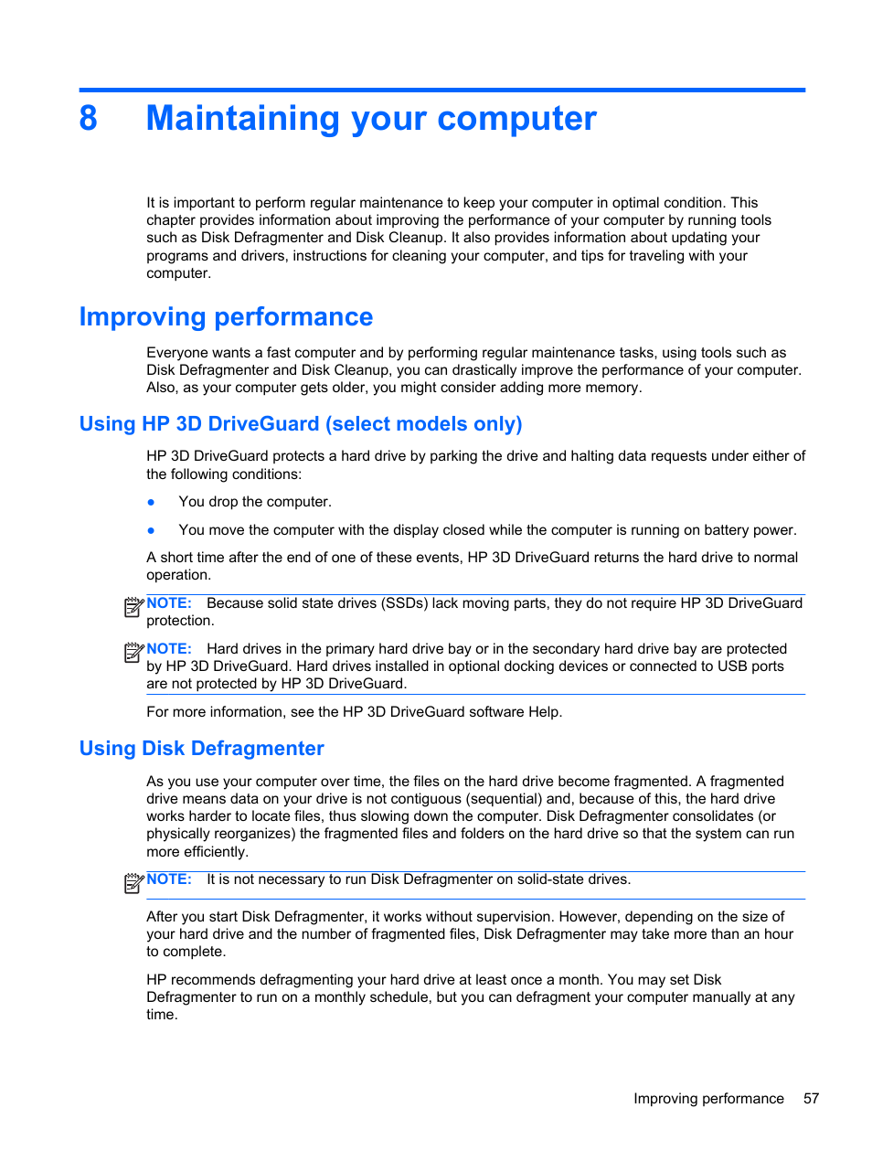 Maintaining your computer, Improving performance, Using hp 3d driveguard (select models only) | Using disk defragmenter, 8 maintaining your computer, 8maintaining your computer | HP Pavilion 15-n030us Notebook PC User Manual | Page 67 / 91