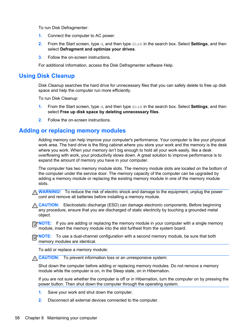 Using disk cleanup, Adding or replacing memory modules | HP Pavilion 15-n030us Notebook PC User Manual | Page 68 / 91