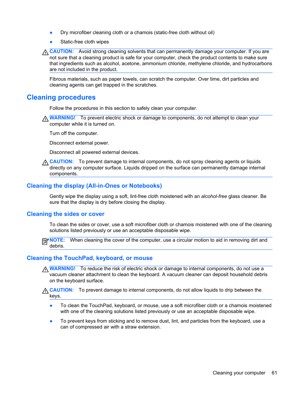 Cleaning procedures, Cleaning the display (all-in-ones or notebooks), Cleaning the sides or cover | Cleaning the touchpad, keyboard, or mouse | HP Pavilion 15-n030us Notebook PC User Manual | Page 71 / 91