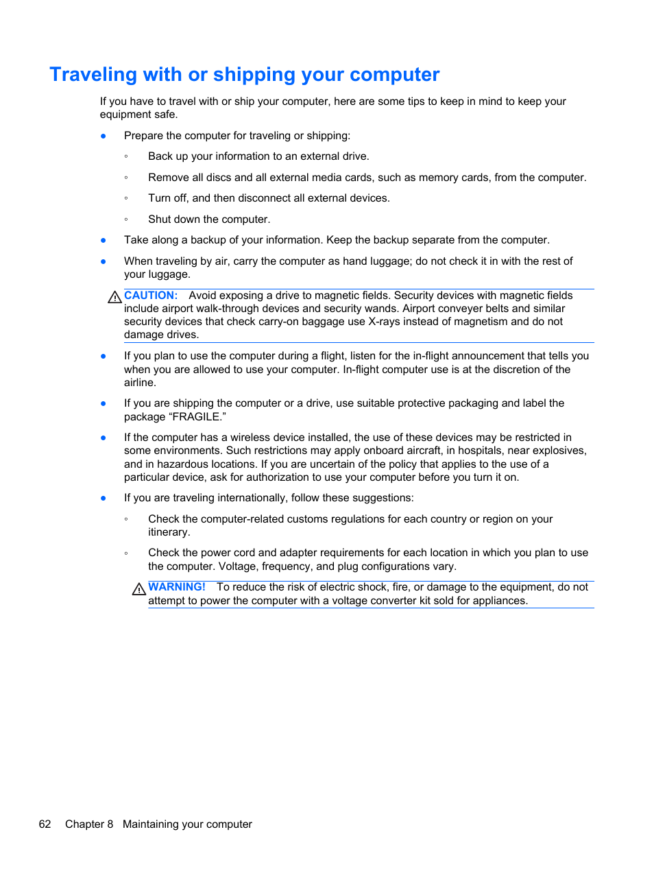 Traveling with or shipping your computer | HP Pavilion 15-n030us Notebook PC User Manual | Page 72 / 91