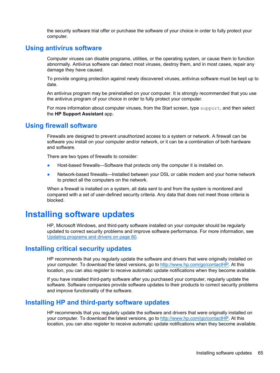 Using antivirus software, Using firewall software, Installing software updates | Installing critical security updates, Installing hp and third-party software updates, Using antivirus software using firewall software | HP Pavilion 15-n030us Notebook PC User Manual | Page 75 / 91