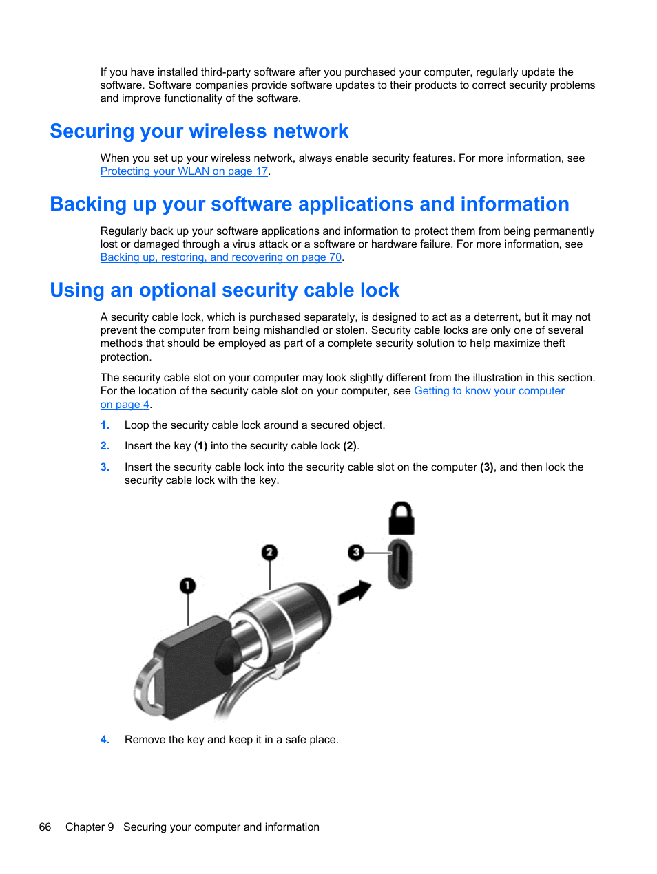 Securing your wireless network, Using an optional security cable lock | HP Pavilion 15-n030us Notebook PC User Manual | Page 76 / 91