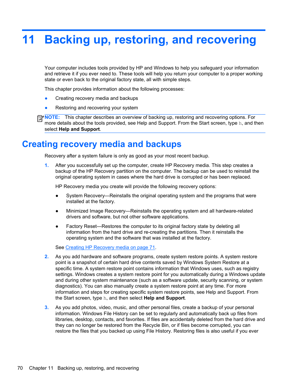 Backing up, restoring, and recovering, Creating recovery media and backups, 11 backing up, restoring, and recovering | Backing up | HP Pavilion 15-n030us Notebook PC User Manual | Page 80 / 91