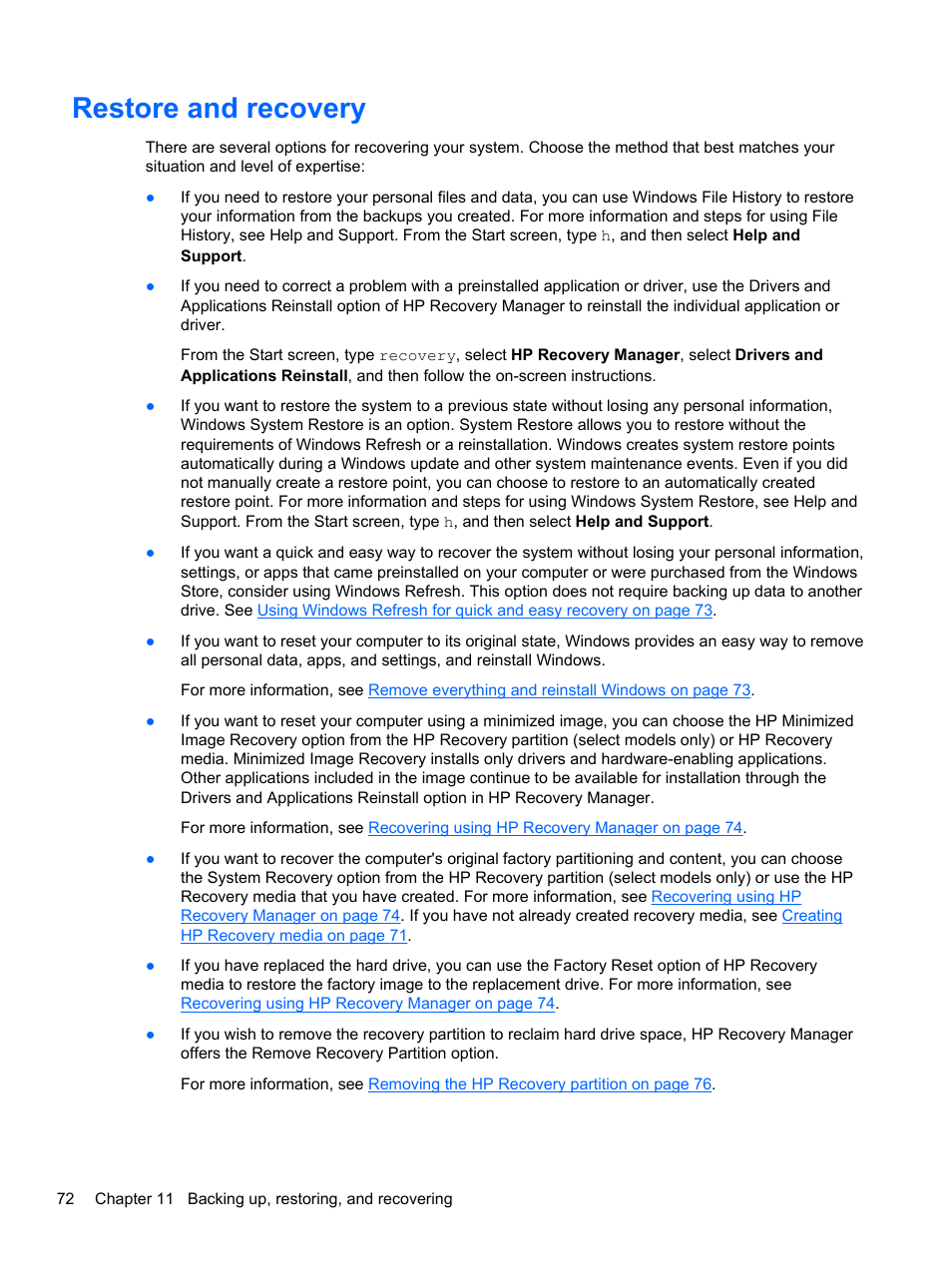 Restore and recovery | HP Pavilion 15-n030us Notebook PC User Manual | Page 82 / 91