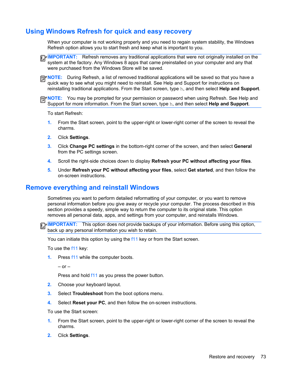 Using windows refresh for quick and easy recovery, Remove everything and reinstall windows | HP Pavilion 15-n030us Notebook PC User Manual | Page 83 / 91