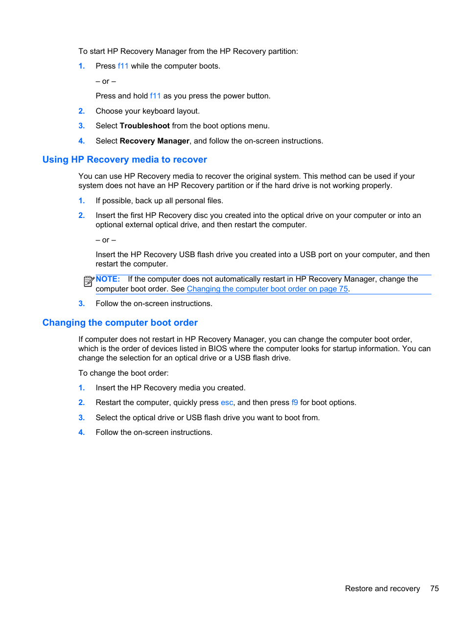 Using hp recovery media to recover, Changing the computer boot order | HP Pavilion 15-n030us Notebook PC User Manual | Page 85 / 91
