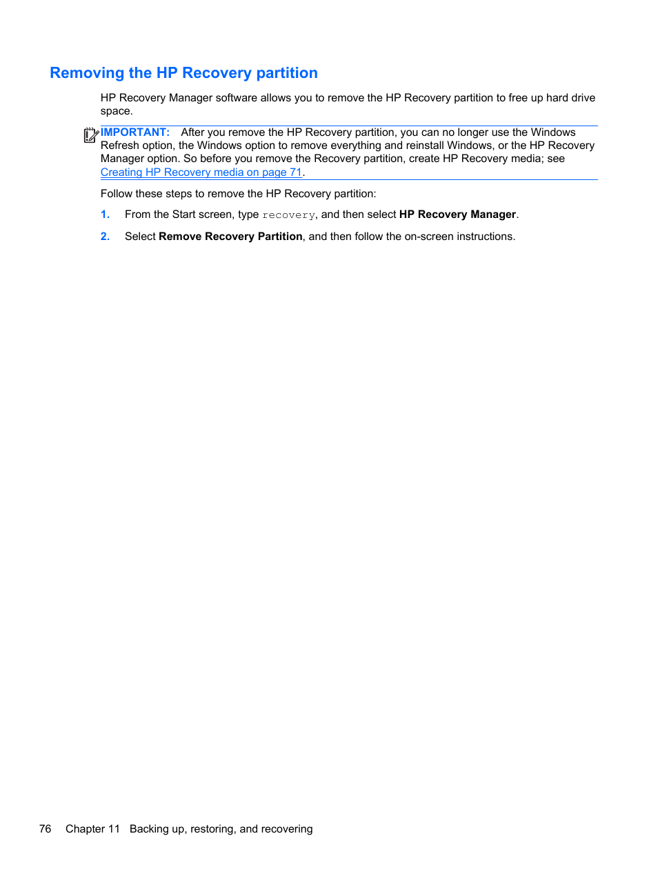 Removing the hp recovery partition | HP Pavilion 15-n030us Notebook PC User Manual | Page 86 / 91