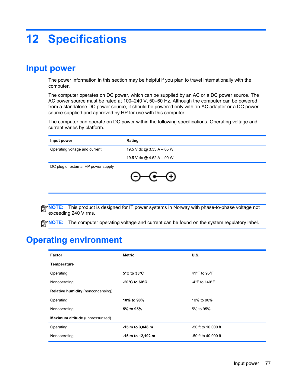 Specifications, Input power, Operating environment | 12 specifications, Input power operating environment | HP Pavilion 15-n030us Notebook PC User Manual | Page 87 / 91