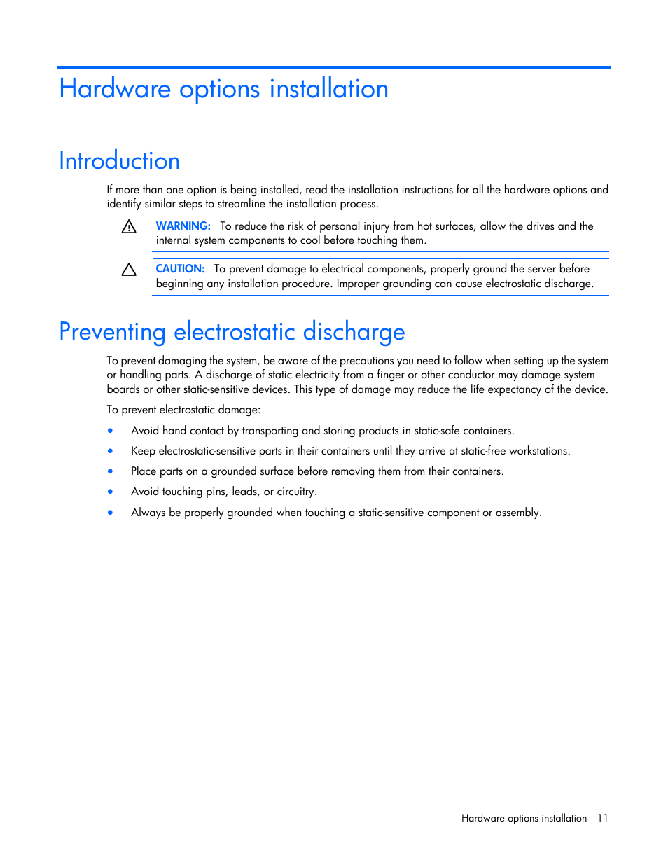 Hardware options installation, Introduction, Preventing electrostatic discharge | HP ProLiant MicroServer User Manual | Page 11 / 94