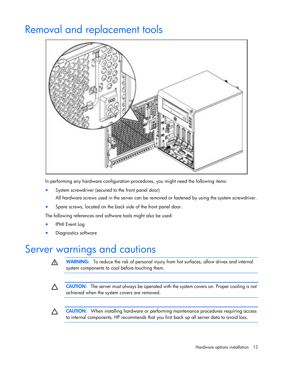 Removal and replacement tools, Server warnings and cautions | HP ProLiant MicroServer User Manual | Page 12 / 94