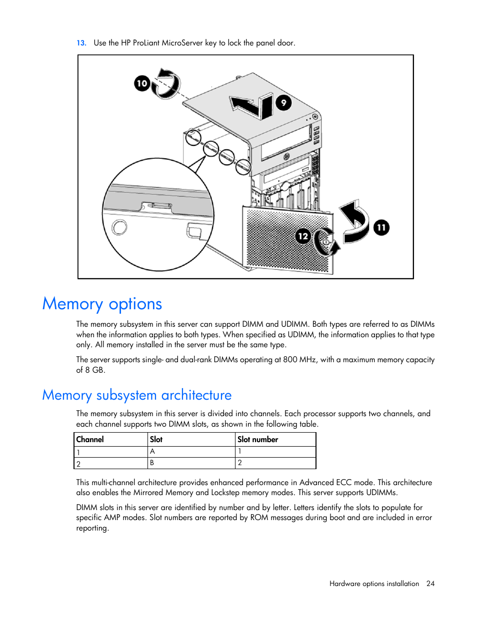 Memory options, Memory subsystem architecture | HP ProLiant MicroServer User Manual | Page 24 / 94