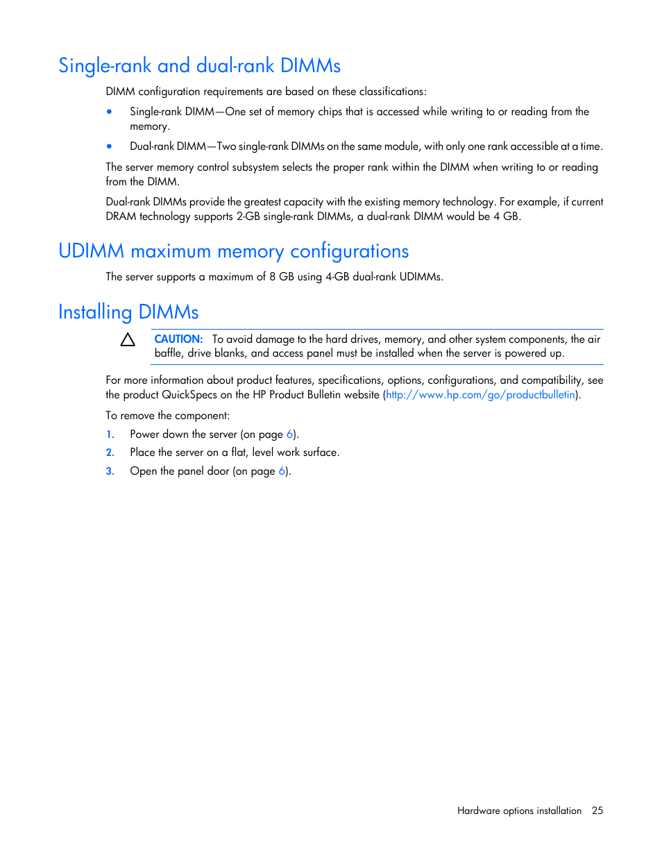Single-rank and dual-rank dimms, Udimm maximum memory configurations, Installing dimms | HP ProLiant MicroServer User Manual | Page 25 / 94