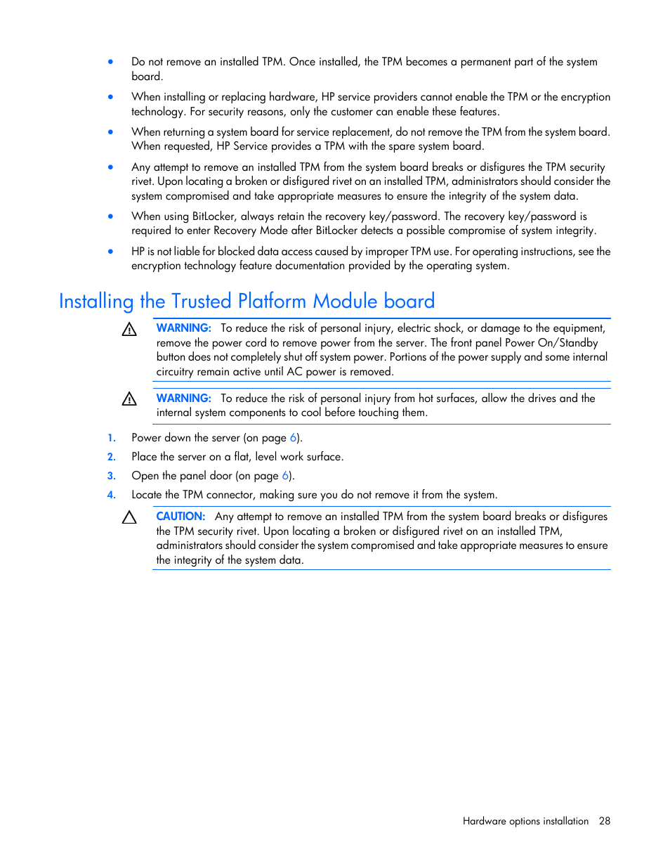 Installing the trusted platform module board | HP ProLiant MicroServer User Manual | Page 28 / 94
