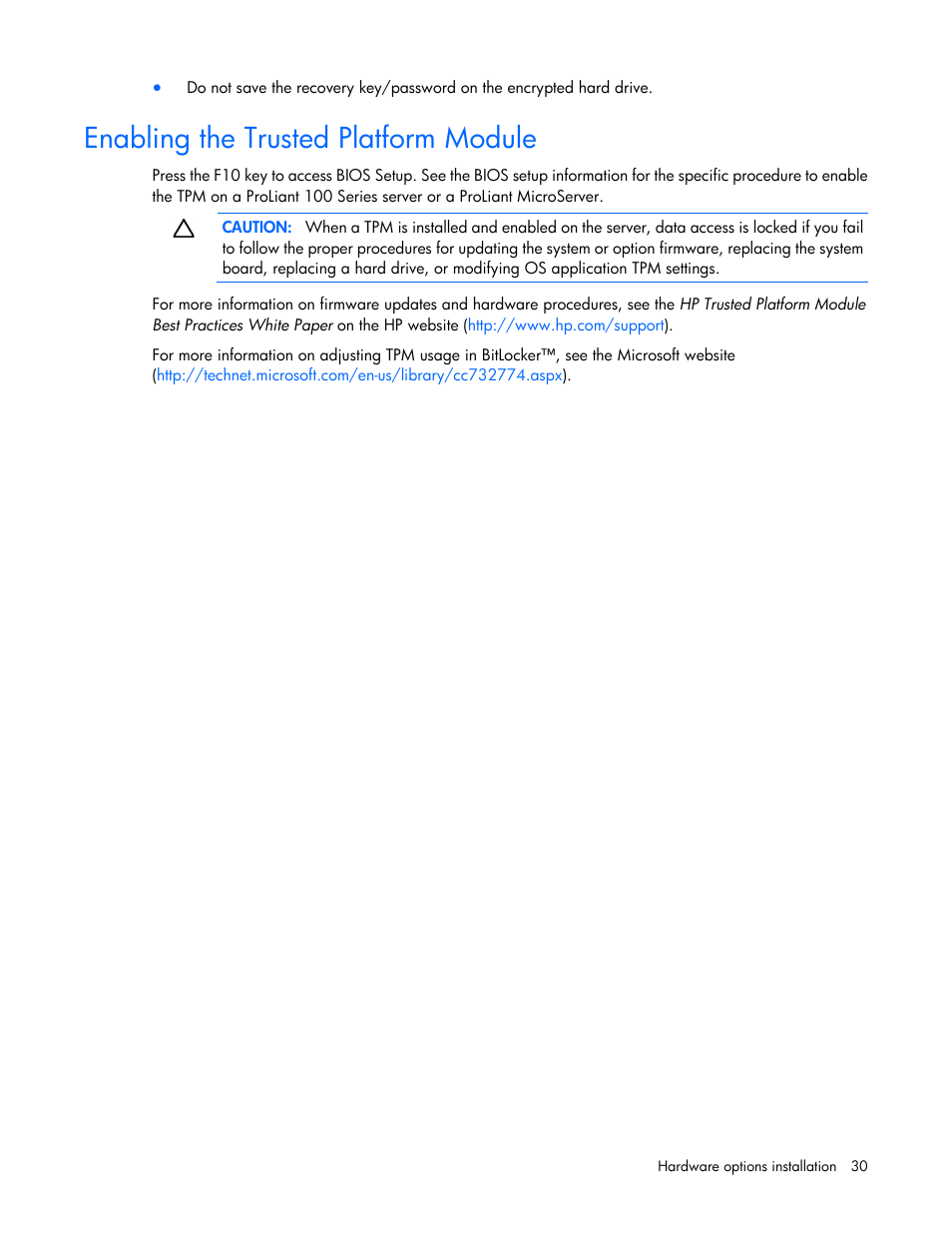 Enabling the trusted platform module | HP ProLiant MicroServer User Manual | Page 30 / 94