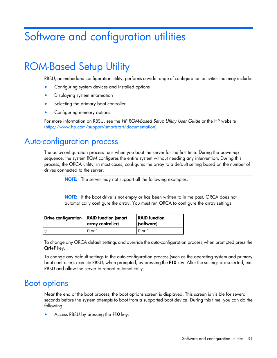Software and configuration utilities, Rom-based setup utility, Auto-configuration process | Boot options | HP ProLiant MicroServer User Manual | Page 31 / 94