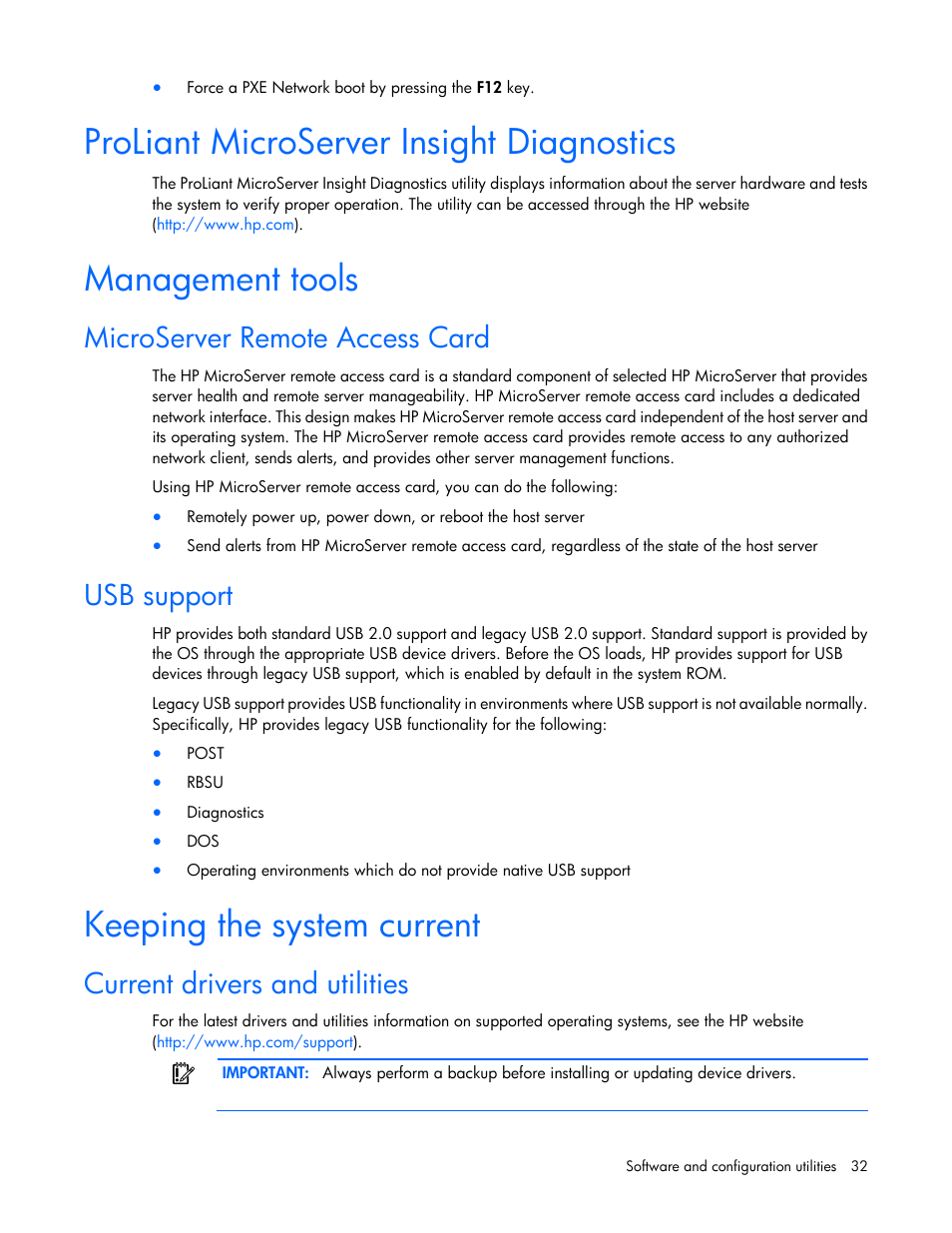 Proliant microserver insight diagnostics, Management tools, Microserver remote access card | Usb support, Keeping the system current, Current drivers and utilities | HP ProLiant MicroServer User Manual | Page 32 / 94