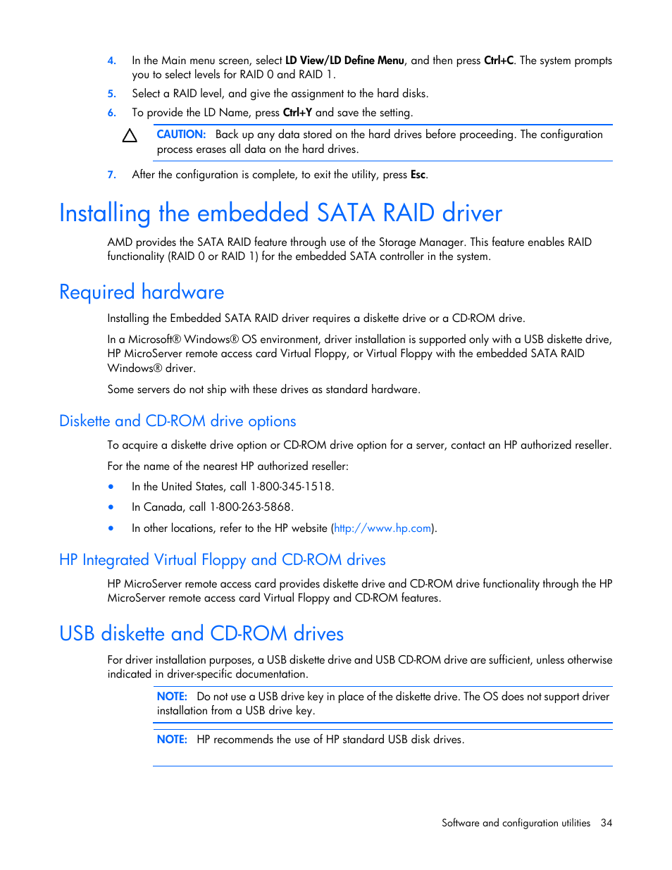 Installing the embedded sata raid driver, Required hardware, Diskette and cd-rom drive options | Hp integrated virtual floppy and cd-rom drives, Usb diskette and cd-rom drives | HP ProLiant MicroServer User Manual | Page 34 / 94