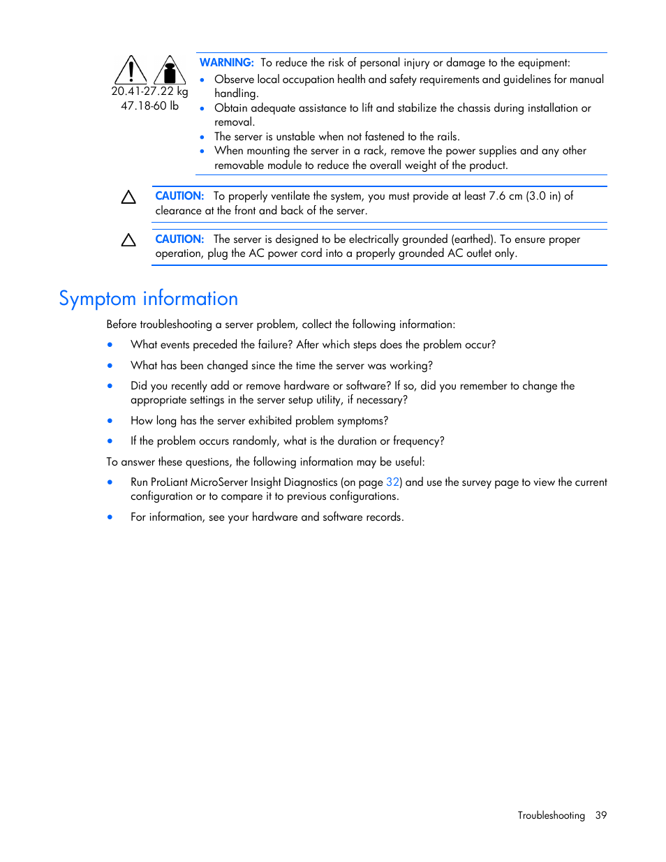 Symptom information | HP ProLiant MicroServer User Manual | Page 39 / 94