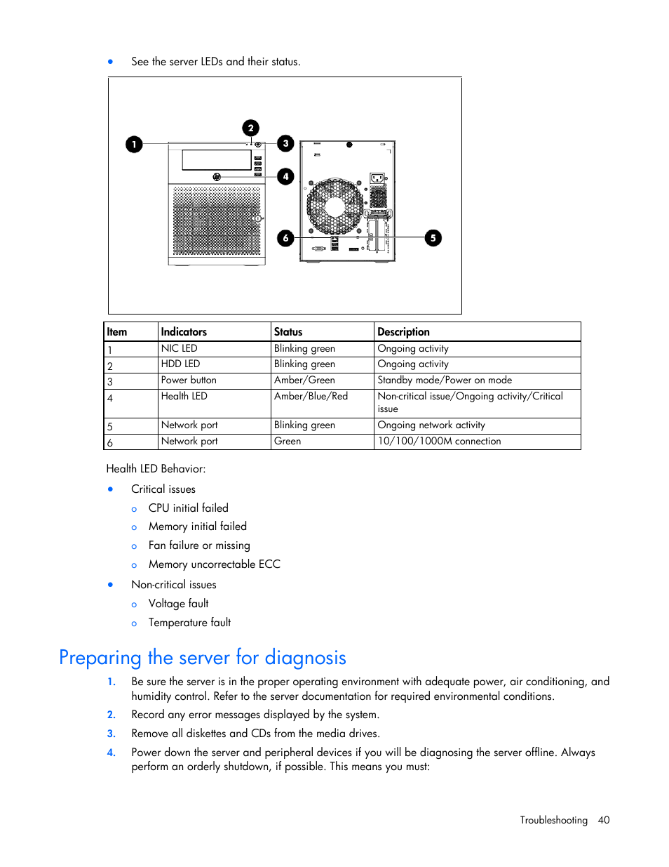 Preparing the server for diagnosis | HP ProLiant MicroServer User Manual | Page 40 / 94