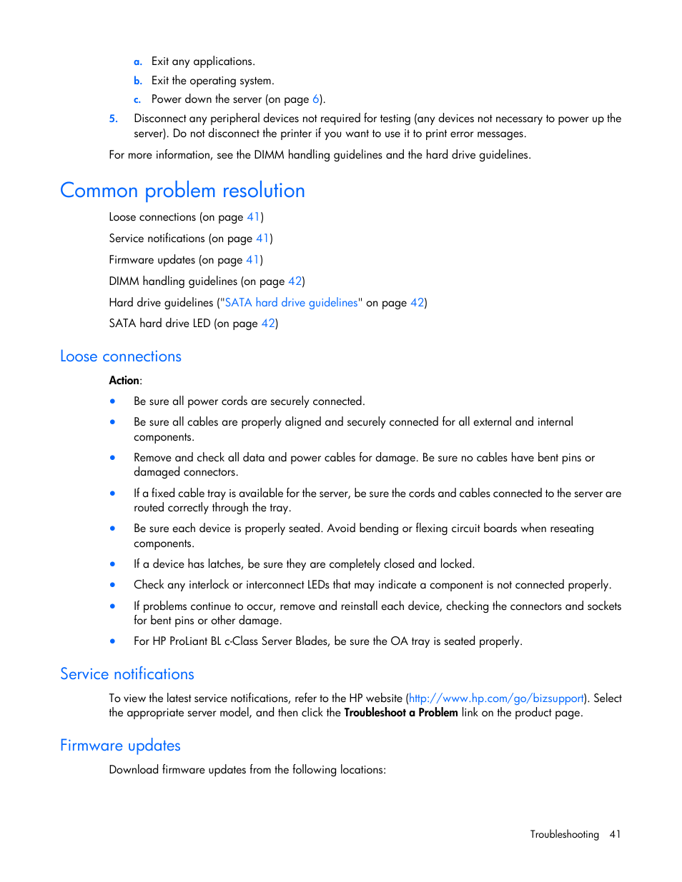 Common problem resolution, Loose connections, Service notifications | Firmware updates | HP ProLiant MicroServer User Manual | Page 41 / 94